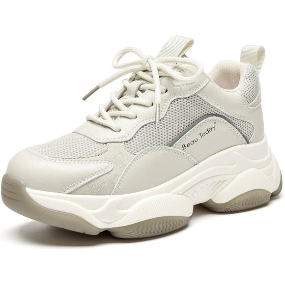 Shoes - Women's Beige 1 Chunky Sneakers Fashion Sneakers, Lace Up Platform Comfortable